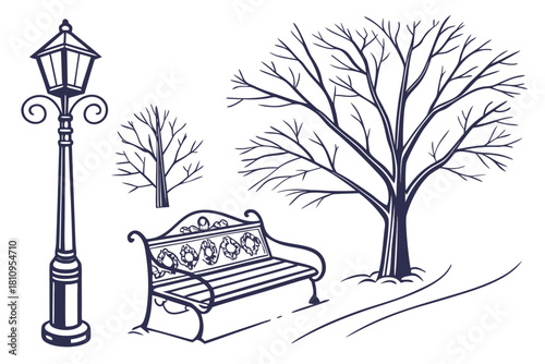 Winter park scene with bench and lamp post Keywords: winter, park, bench, lamp post, tree, bare