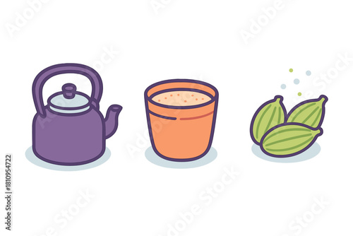 Traditional Indian chai tea preparation set with kettle, cup, and cardamom spice pods