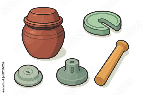 Traditional Korean cultural objects set featuring a ceramic jar and wooden mallet