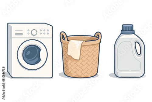 Household laundry appliances and supplies including washing machine, hamper, and detergent bottle