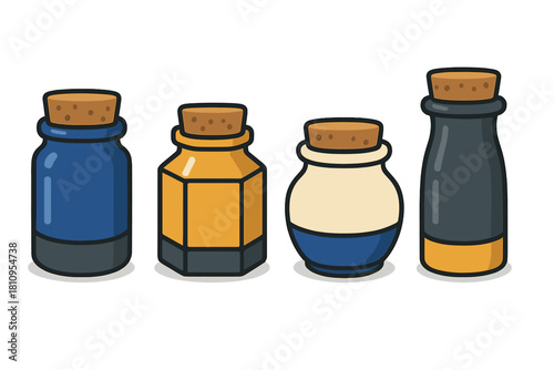Four colorful stylized apothecary bottles with cork stoppers standing in a row on a white background