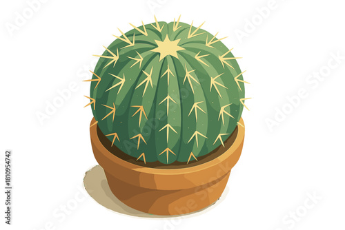 Vibrant green spherical cactus plant with sharp yellow spines in a brown terracotta pot