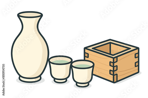 Traditional Japanese sake serving set with tokkuri flask, ochoko cups, and wooden masu box