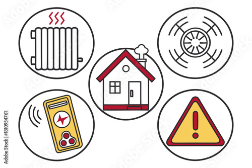 Home heating and safety icons house radiator