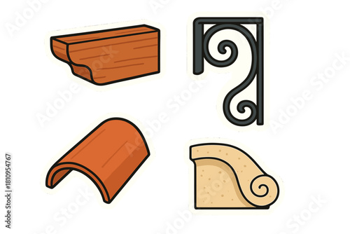 Set of architectural details: wooden molding, wrought iron bracket, roof tile, and stone carving