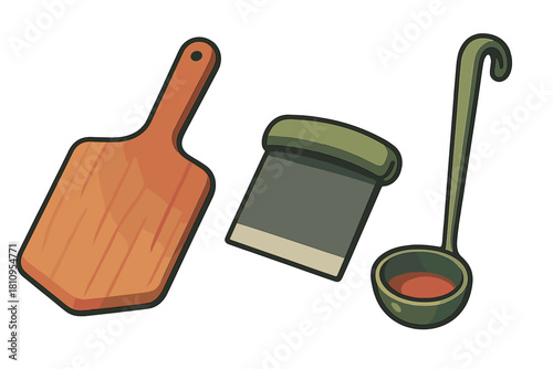 Wooden cutting board, dough scraper, and soup ladle kitchen utensils set