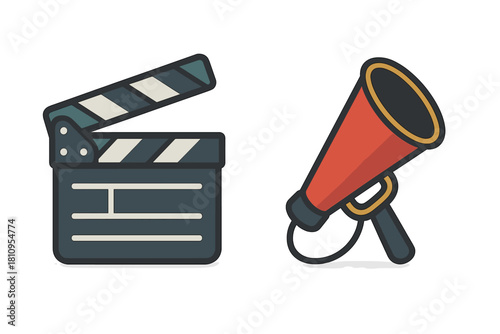 Classic clapperboard and vintage megaphone representing essential filmmaking equipment