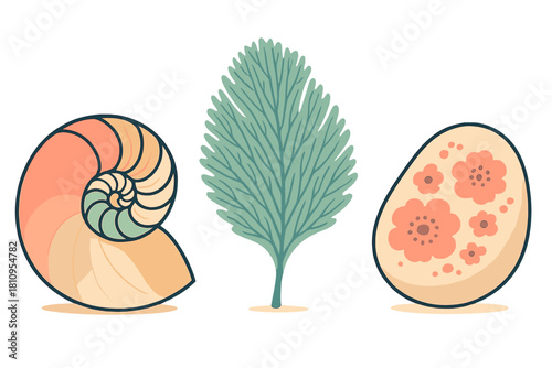 Stylized collection of nautilus shell, fern leaf, and decorated Easter egg