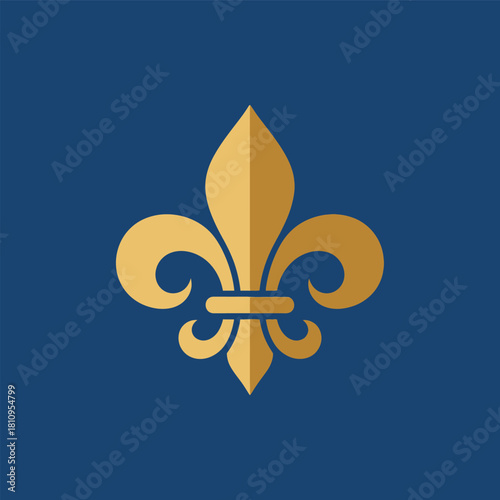 Elegant golden fleur-de-lis heraldic symbol isolated on a solid royal blue background.