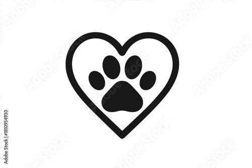 Black silhouette of a dog or cat paw print centered inside a simple heart outline