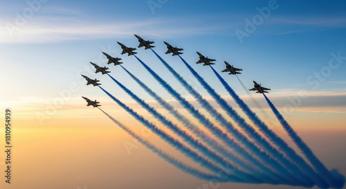 Formation of fighter jets flying in formation with blue smoke trails airplane aircraft