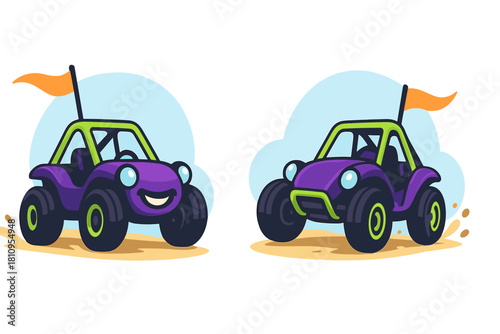 Cute cartoon off-road dune buggy with smiling character driving on sandy terrain