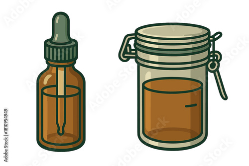 Amber dropper bottle and glass jar with hinged lid containing brown liquid extract