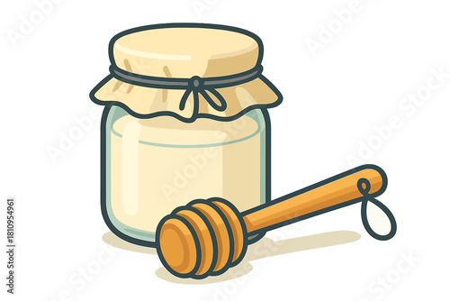 Traditional glass jar of natural honey with fabric cover and wooden dipper stick