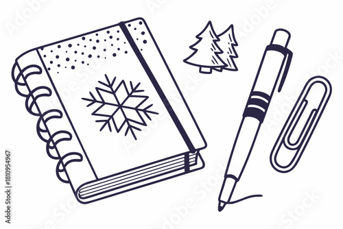 Winter Themed Notebook and Stationery Doodle Keywords: winter, notebook, diary, journal, pen