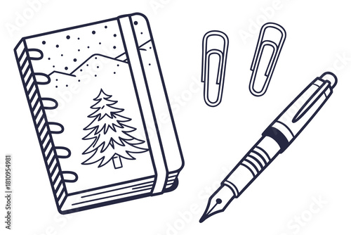 Winter Landscape Notebook Pens and Paperclips Doodle Keywords: notebook, diary, journal, winter