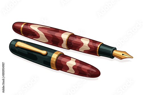 Luxurious vintage fountain pen with marbled red body and gold accents on white background