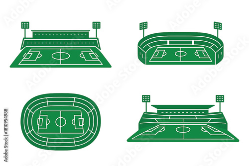 Four distinct stadium designs showing football fields, grandstands, and lighting towers
