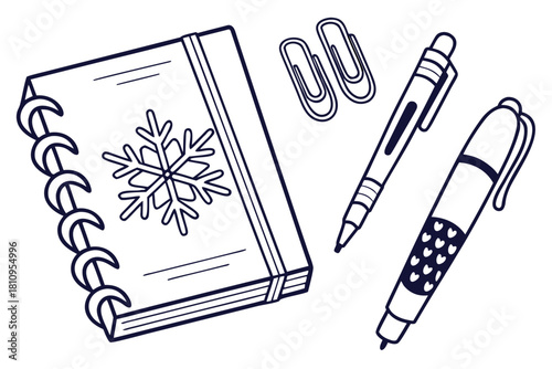 Snowflake Notebook Pens and Paperclips Doodle Keywords: notebook, diary, journal, snowflake, pen