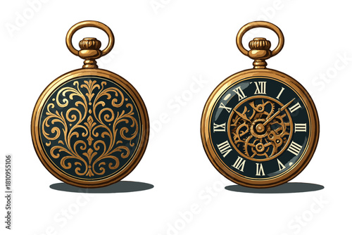 Ornate vintage golden pocket watch with detailed engraved back cover and exposed mechanical gears on the clock face