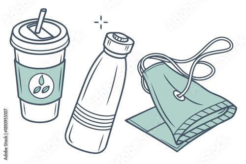 Reusable coffee cup water bottle and cloth bag Keywords: reusable coffee cup, water bottle, cloth