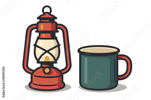Classic red oil lantern and durable green enamel mug, essential gear for camping and hiking