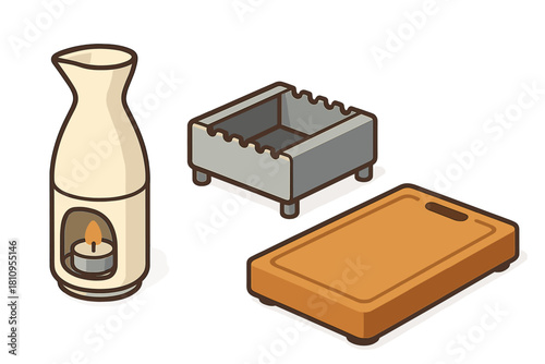 Japanese sake warmer, small metal grill, and wooden serving board set in isometric view