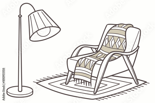 Armchair with Blanket and Rug on White Background floor lamp