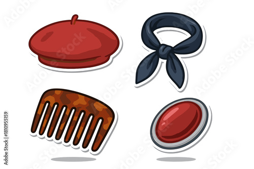 Vintage fashion accessories set with red beret, dark scarf, comb, and brooch