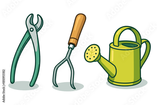 Essential gardening tools collection featuring watering can, hand cultivator, and pliers
