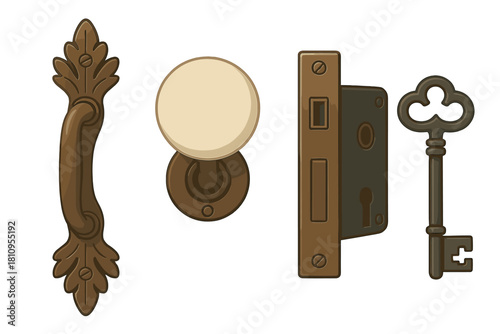 Decorative antique door fittings set with ornate handle, round knob, mortise lock, and old skeleton key