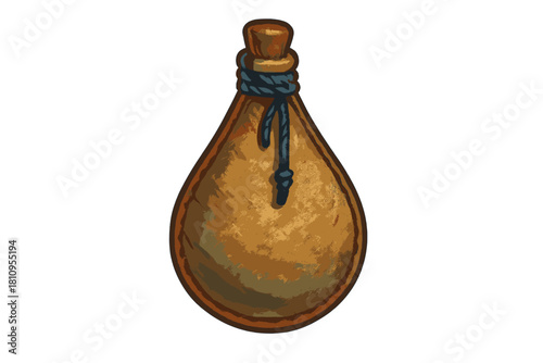 Ancient leather waterskin or flask with cork stopper and blue rope isolated on white