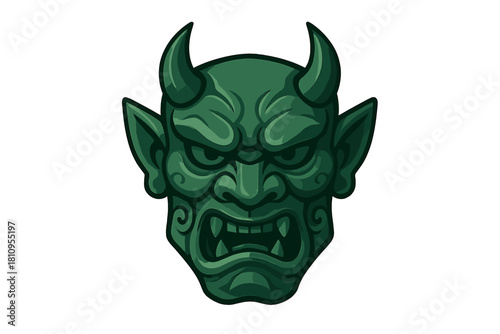 Fierce mythological demon mask with large horns and sharp teeth in dark green color scheme