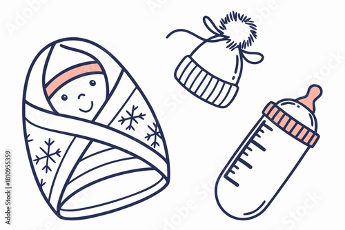 Baby Winter Essentials Swaddled Baby Hat and Bottle