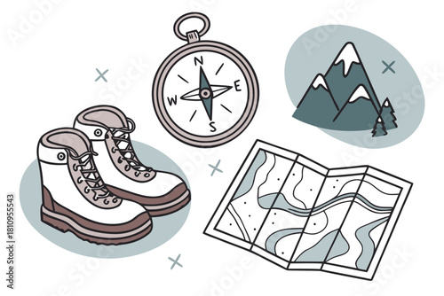 Hiking boots compass map and mountain landscape Keywords: hiking, boots, shoes, footwear
