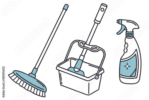Cleaning supplies broom mop bucket spray bottle vector