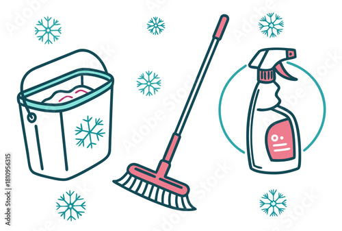 Winter cleaning supplies pink broom bucket spray vector