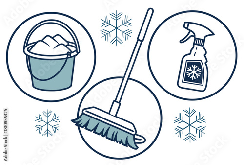 Winter cleaning icons snowflake bucket broom spray