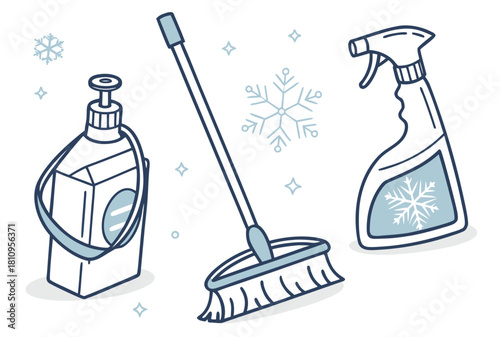 Winter cleaning icons snowflake bottle broom vector