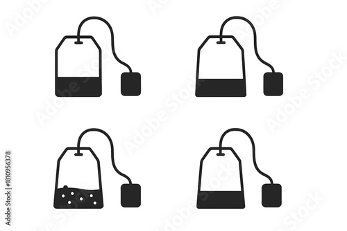 Simple minimalist tea bag icons set showing various brewing stages with string and tag
