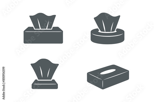 Four gray icons showing different shapes of facial tissue boxes and wet wipe dispensers