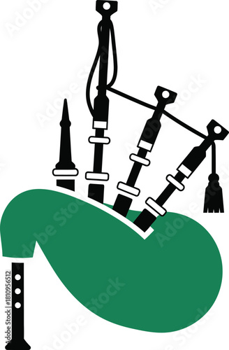 Stylized graphic illustration of a traditional bagpipe with a green bag and black pipes.