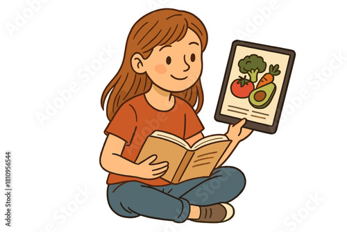 Young woman studying healthy eating habits using a book and digital tablet displaying fresh vegetables