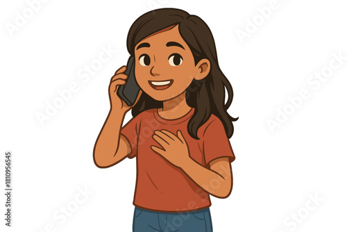 Smiling young woman talking happily on a mobile phone with hand placed on her chest
