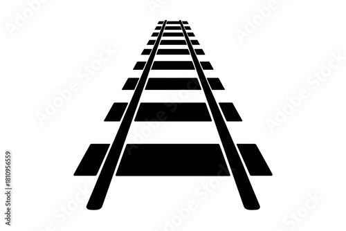 Simple black silhouette of railway tracks receding into the distance on a white background