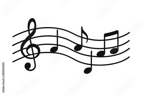 Black silhouette of musical notes and treble clef on a waving staff line design