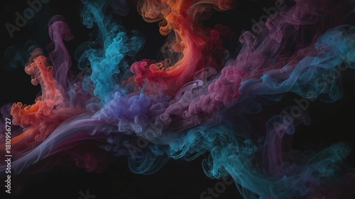 a dynamic and vibrant abstract that resembles wisps of smoke or ink flowing in water against a pitch black background.