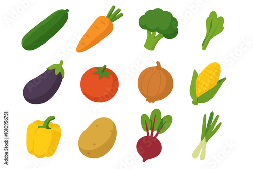 Colorful fresh produce assortment including cucumber, eggplant, potato, and bell pepper