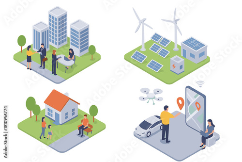 Isometric scenes of smart city business, sustainable energy, residential living, and autonomous navigation technology