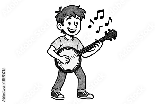Cheerful young musician playing a banjo instrument and singing a tune with floating musical notes